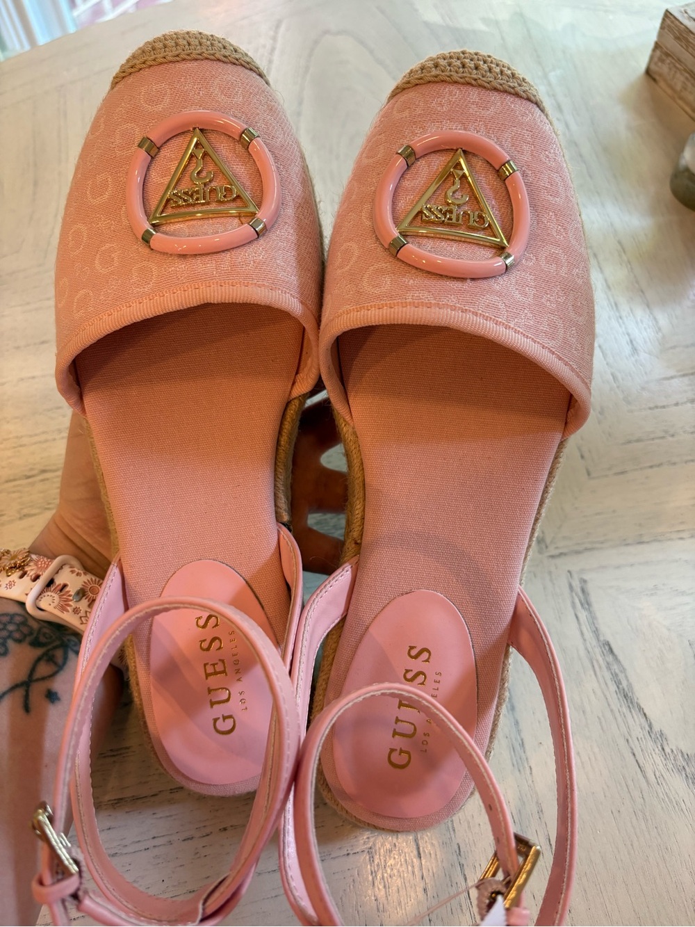 GUESS Pink Logo Espadrille Sandals with Ankle Strap and Jute Trim - Picture 9 of 10